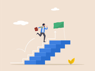 Progress concept. Improvement to success, step forward to grow business, journey to achieve goal, ambition or career path, businessman walk up growth chart and graph with stair to success.