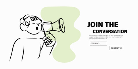 Female character shouting in loudspeaker. Woman holding megaphone and say or shout speech. Concept of big sale, discount, fresh news or new collection for ads or web banners in abstract crayon style.