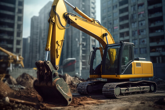 Yellow excavator at a construction site in the city generative ai