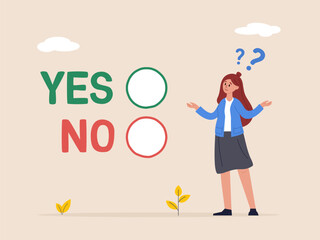 Business decision making concept. Choose yes or no alternative or choices, leadership to direct business to succeed, rational businesswoman thinking and make decision for business or career question.