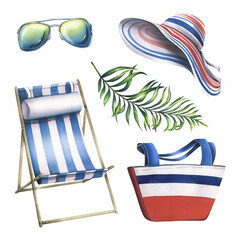 A set of beach accessories, hats, a bag, a deck chair, sunglasses and a palm branch. Watercolor illustration, hand drawn. Clip-art isolated objects on a white background. For summer.