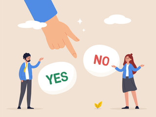Dilemma, decision and opportunities concept. Thoughtful people making difficult choice between two options. Cartoon hand ready for pushing button. Flat vector illustration.