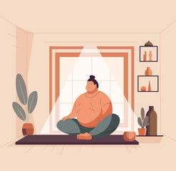 Bright vector illustration of a fat man in a meditating lotus position, practicing yogist indoors with decor elements.