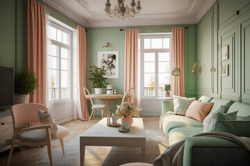 Fototapeta premium Modern cozy living room, classic interior design with light coral, green and white colors. Super photo realistic background, generative ai illustration