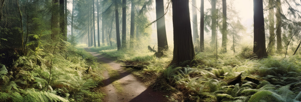 A dirt pathway in the forest near water, lively nature scenes. Generative Ai Illustrations.