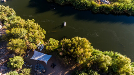 arial view of a campsite on a river