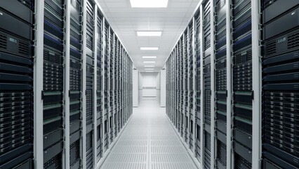 Corridor with White Server Cabinets inside Bright and Clean Working Data Center. Artificial Intelligence Training Cluster. Supercomputer and Advanced Cloud Computing Concept - Powered by Adobe