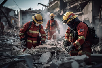 Fototapeta premium A group of men in red and yellow uniforms. Generative AI. Rescuer workers in uniform and helments dismantle rubble in town after earthquake.