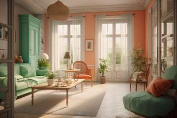 Fototapeta premium Modern cozy living room, classic interior design with light coral, green and white colors. Super photo realistic background, generative ai illustration
