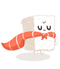 Vector illustration of cartoon sushi. Kawaii sushi. Isolated elements. Sushi is superhero