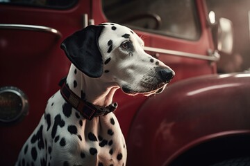 Dalmatian dog near the fire engine. firefighter dog generative ai