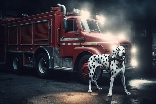 Dalmatian dog near the fire engine. firefighter dog generative ai
