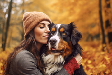 Close up of a woman hugging her dog bernese shepherd in a autumn forest
