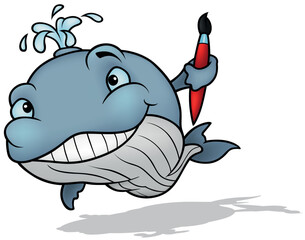 Naklejka premium Blue Whale with a Big Smile Holding a Red Paintbrush in the Fin