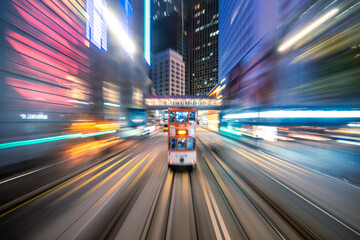 Motion blur of trams moving in the central district, Hong Kong, China - 604908786
