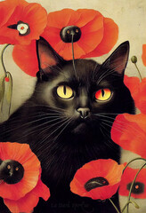 BLACK CAT AND RED POPPIES