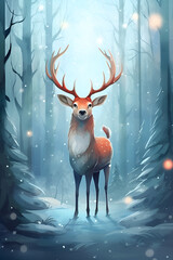 Cute cartoon christmas deer. Santa reindeer with horns in snowy magic forest. Xmas funny reindeer character in the north. Artificial intelligence generated