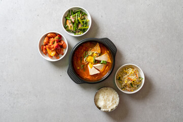 kimchi stew Budae-jjigae, kimchi-jjigae, cheonggukjang, stir-fried pork,Sausage Stew fast-fermented bean paste