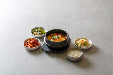 kimchi stew Budae-jjigae, kimchi-jjigae, cheonggukjang, stir-fried pork,Sausage Stew fast-fermented bean paste