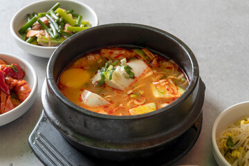 kimchi stew Budae-jjigae, kimchi-jjigae, cheonggukjang, stir-fried pork,Sausage Stew fast-fermented bean paste