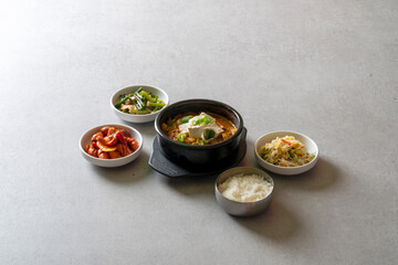 kimchi stew Budae-jjigae, kimchi-jjigae, cheonggukjang, stir-fried pork,Sausage Stew fast-fermented bean paste