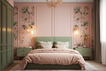 Modern cozy bedroom, classic interior design with pastel colors. Super photo realistic background, generative ai illustration