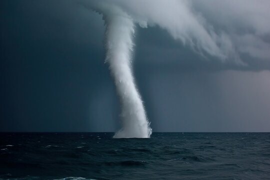 Super Cyclone or Tornado forming destruction over the sea. Severe hurricane storm weather clouds. Tornado forming over rough ocean. Twister with dark clouds in sea. Bad weather with the waterspout