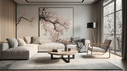 Stylish Living Room Interior with a Tree Frame Poster, Modern interior design, 3D render, 3D illustration