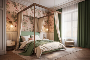 Modern cozy bedroom, classic interior design with pastel colors. Super photo realistic background, generative ai illustration