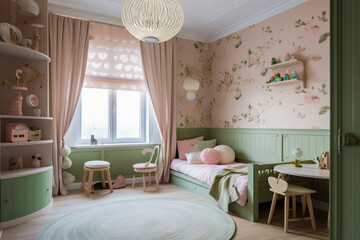 Modern cozy childrens room, classic interior design with pastel colors. Super photo realistic background, generative ai illustration