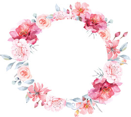 Rose and blooming flowers wreath painted in watercolor.Elegant floral ring for invitation, wedding or greeting cards.Vintage romantic style.Flower circle.