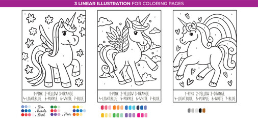 Unicorns and Shapes by Number Coloring Pages, Learn numbers and colors fantasy. Printable worksheet.