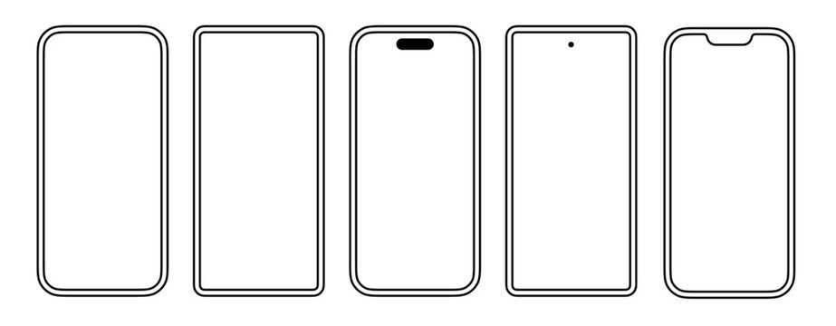 Different Outlined smartphones mockups minimal trendy black apple and android phone screens mockup. IPhone 14 Pro/Pro Max, Iphone 13 Pro/Pro Max, Google Pixel 6, 7, 8 or Samsung Galaxy S22, S23 