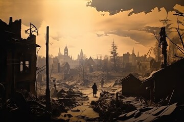 Illustration of devastated town after attack in war. generative ai