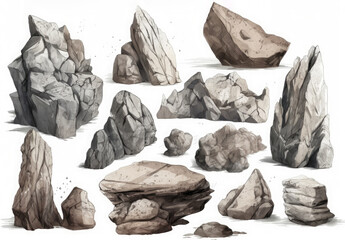Drawn stones of different shapes, rocks for design. Generative ai.