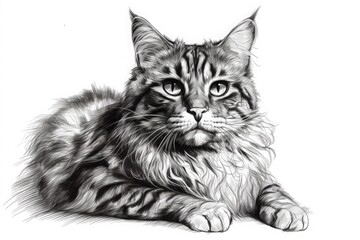 Fototapeta na wymiar Drawing black and white fluffy cat on a white background. Generative ai.