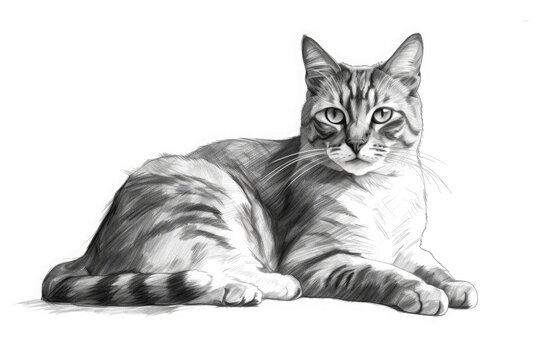 Drawing of a lying resting cat on a white background. Generative ai.