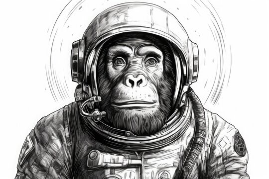 Drawing monkey in astronaut costume isolated on white background. Generative ai.