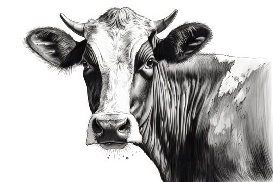 Portrait of a cow isolated on white background, pencil drawing. Generative ai.