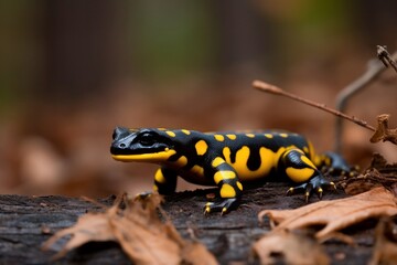 Naklejka na ściany i meble Fire salamander with black skin and colorful spots sitting on a tree in natural environment. High quality photo