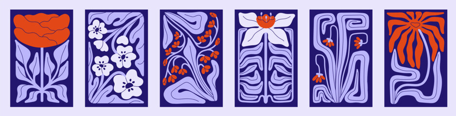 Contemporary floral posters set. Botanical cards, wall art with blossomed flowers, leaf of whimsical shape, modern style. Trendy twisted botany, interior decoration, decor. Flat vector illustrations
