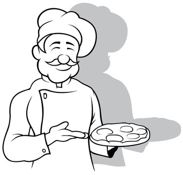 Drawing of a Chef Presenting a Salami Pizza
