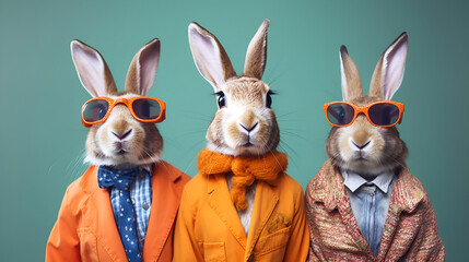 Fototapeta premium Gang family of rabbit bunny in vibrant bright fashionable outfits, commercial, editorial advertisement, surreal surrealism. Group shot. Generative AI