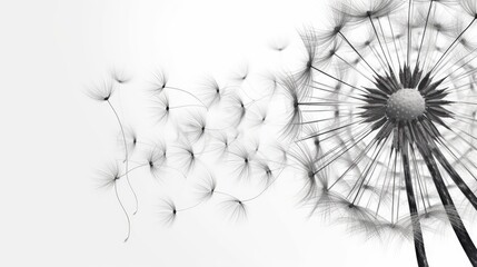Minimalistischer Hintergrund mit einer zarten, schwarzen Löwenzahnblüte auf weißem Hintergrund mit fliegenden Samen, Generative AI - obrazy, fototapety, plakaty