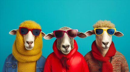 Gang family of sheep lamb in vibrant bright fashionable outfits, commercial, editorial advertisement, surreal surrealism. Group shot. Generative AI
