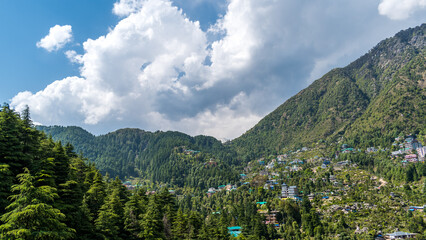 McLeodganj, Dharamshala - Aerial view of McLeodganj of Himachal Pradesh surrounded by cedar forests...