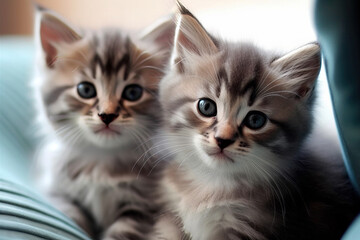 Fototapeta na wymiar Two cute little Siberian kittens looking at camera. Adorable cats together. Homeless little kittens. Greeting card