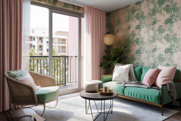 Modern cozy living room, classic interior design with pastel colors. Super photo realistic background, generative ai illustration