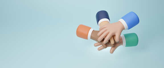 Business team putting their hands together. Stack of hands. Unity and teamwork concept. Problem-solving, business challenge in 3d hand of connection for cooperation success business. 3d rendering