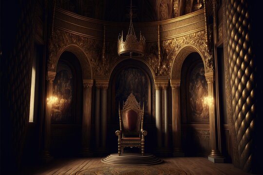 A golden filigree throne room in a medieval castle king sitting on the throne intricate designs the walls and ceiling, Generative AI AIG16.
